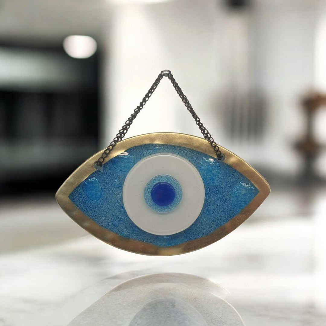 Handmade Fused Glass Wall Hanging with Light Blue and Gold Bubble Glass and Evil Eye Design for Home Decor