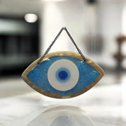 Handmade Fused Glass Wall Hanging with Light Blue and Gold Bubble Glass and Evil Eye Design for Home Decor