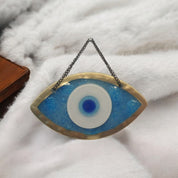 Handmade Fused Glass Wall Hanging with Light Blue and Gold Bubble Glass and Evil Eye Design for Home Decor