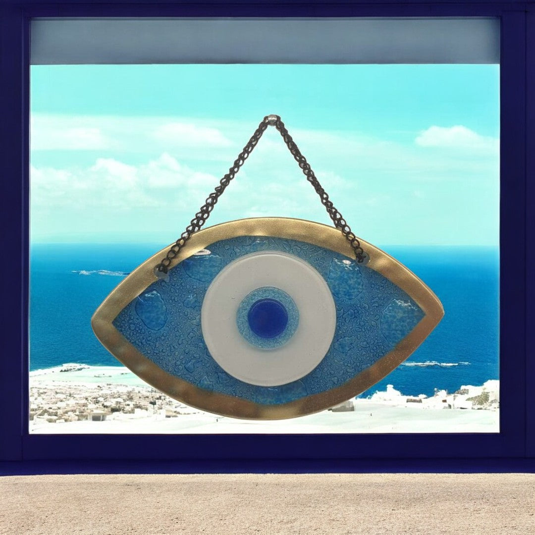 Handmade Fused Glass Wall Hanging with Light Blue and Gold Bubble Glass and Evil Eye Design for Home Decor