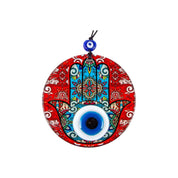 Round Glass Hamsa and Eye Design Surrounded by Vibrant Red, Protection, Cultural Decor, Housewarming Gift