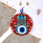 Round Glass Hamsa and Eye Design Surrounded by Vibrant Red, Protection, Cultural Decor, Housewarming Gift