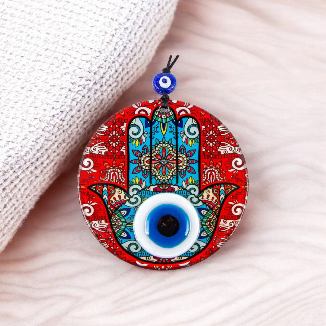 Round Glass Hamsa and Eye Design Surrounded by Vibrant Red, Protection, Cultural Decor, Housewarming Gift