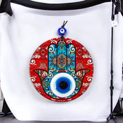 Round Glass Hamsa and Eye Design Surrounded by Vibrant Red, Protection, Cultural Decor, Housewarming Gift