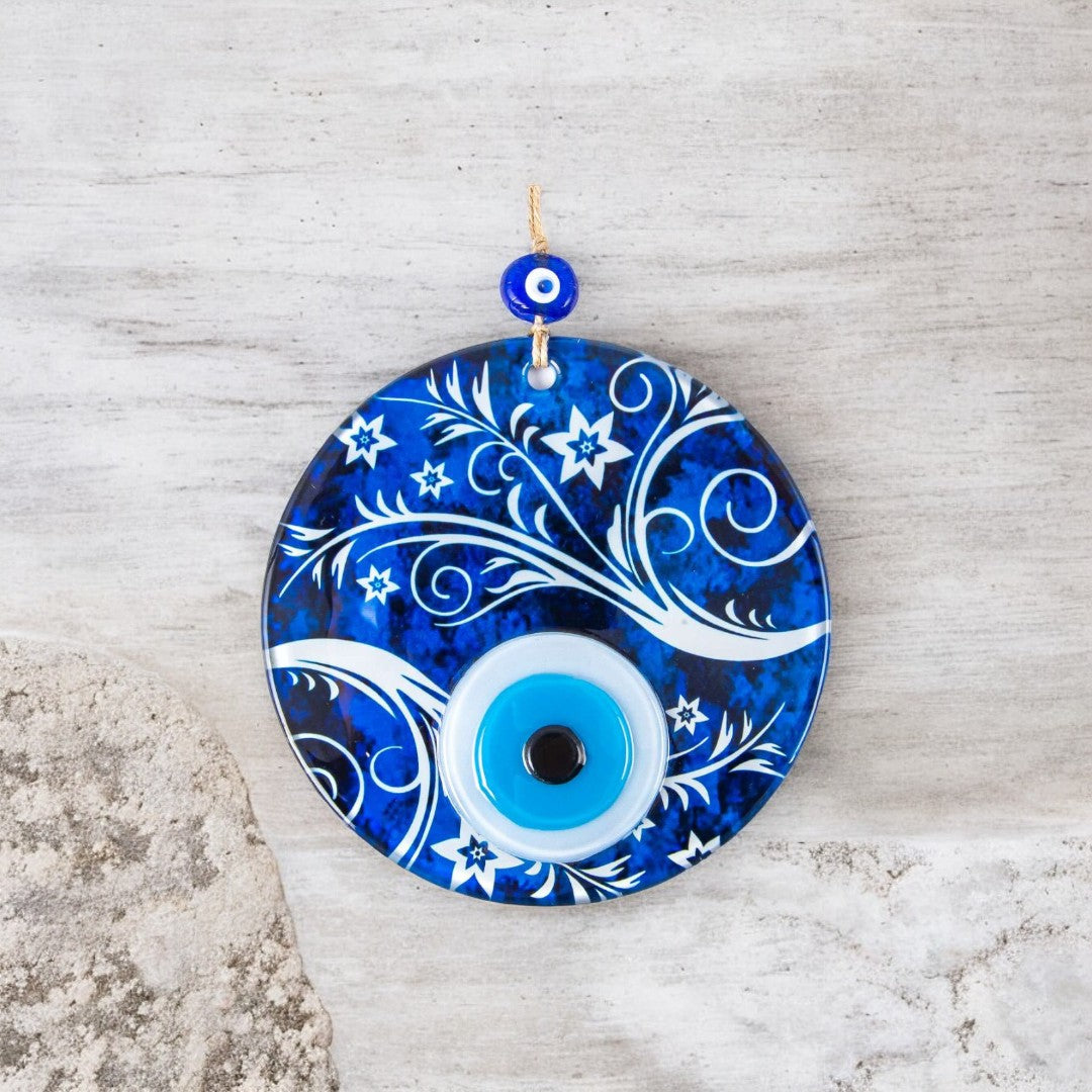 Handmade Blue Glass Evil Eye Wall Hanging with Triple-Layer Design and Swirl Patterns