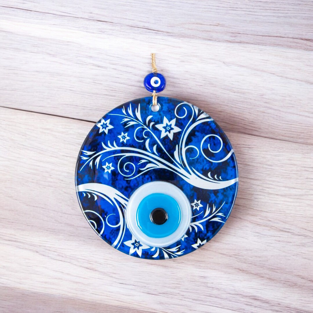 Handmade Blue Glass Evil Eye Wall Hanging with Triple-Layer Design and Swirl Patterns