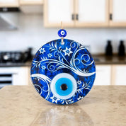 Handmade Blue Glass Evil Eye Wall Hanging with Triple-Layer Design and Swirl Patterns