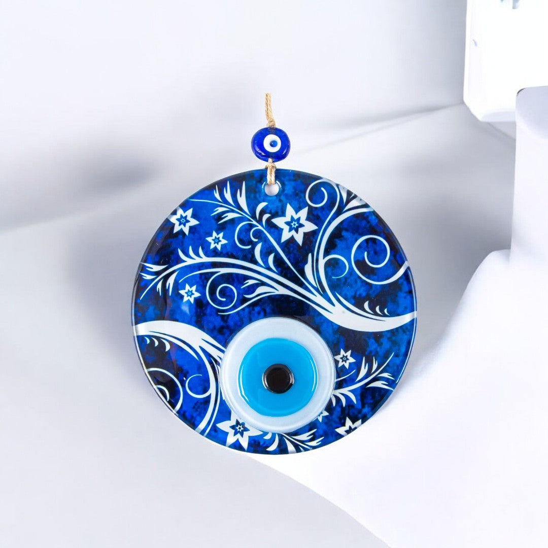 Handmade Blue Glass Evil Eye Wall Hanging with Triple-Layer Design and Swirl Patterns