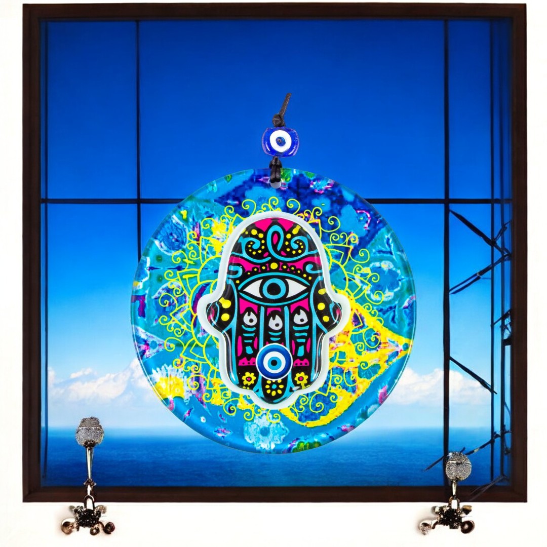 Handmade Multi-Colored Glass Hamsa Evil Eye Wall Hanging with Layered Design