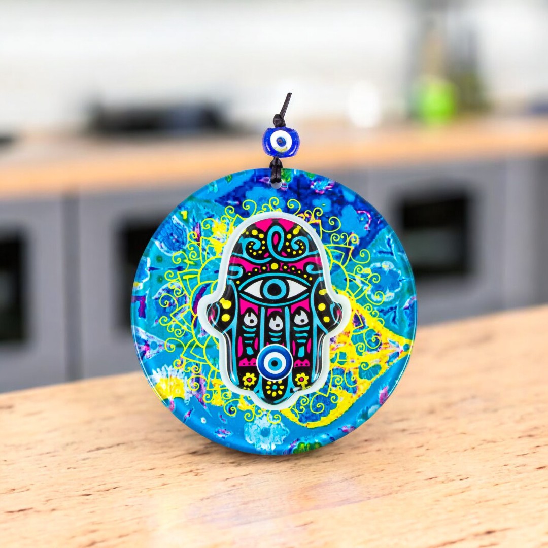 Handmade Multi-Colored Glass Hamsa Evil Eye Wall Hanging with Layered Design