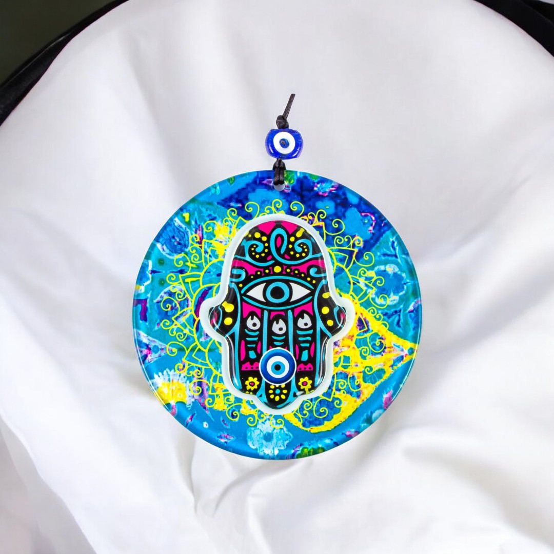 Handmade Multi-Colored Glass Hamsa Evil Eye Wall Hanging with Layered Design