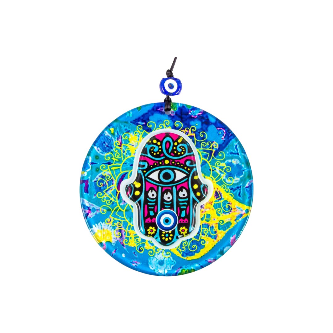 Handmade Multi-Colored Glass Hamsa Evil Eye Wall Hanging with Layered Design