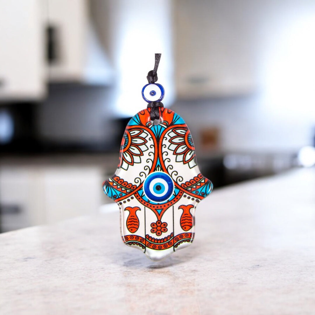 Hamsa, Evil Eye, Glass wall Decor,  Fish Design for Good Luck, House Warming Gift