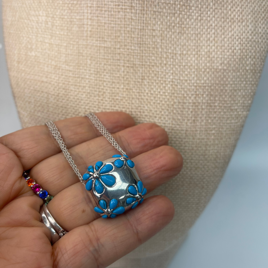 Turquoise Blossom Square Pendant in Sterling Silver, Artisan Crafted Necklace, Elegant Jewelry, Boho Chic