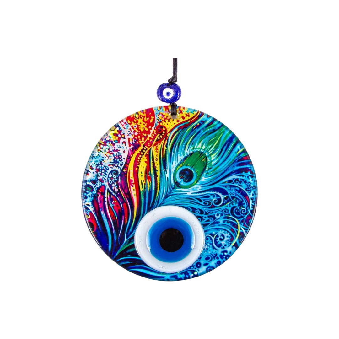 Multi-Colored Glass Wall Hanging with Eye Design on Round Glass with Feather Pattern - Protection Symbol, Cultural Decor, Unique Gift