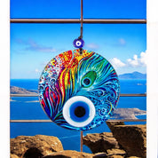 Multi-Colored Glass Wall Hanging with Eye Design on Round Glass with Feather Pattern - Protection Symbol, Cultural Decor, Unique Gift