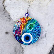 Multi-Colored Glass Wall Hanging with Eye Design on Round Glass with Feather Pattern - Protection Symbol, Cultural Decor, Unique Gift