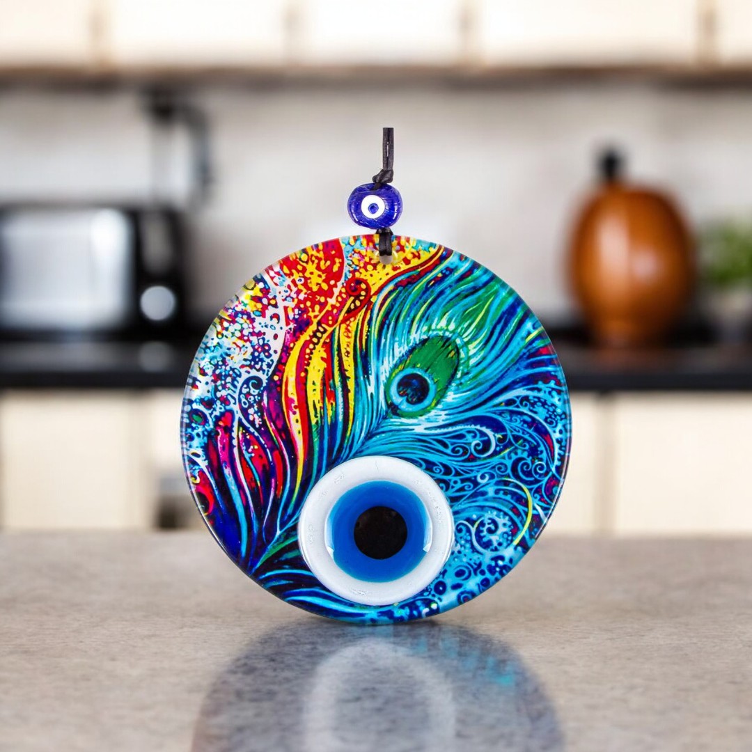 Multi-Colored Glass Wall Hanging with Eye Design on Round Glass with Feather Pattern - Protection Symbol, Cultural Decor, Unique Gift