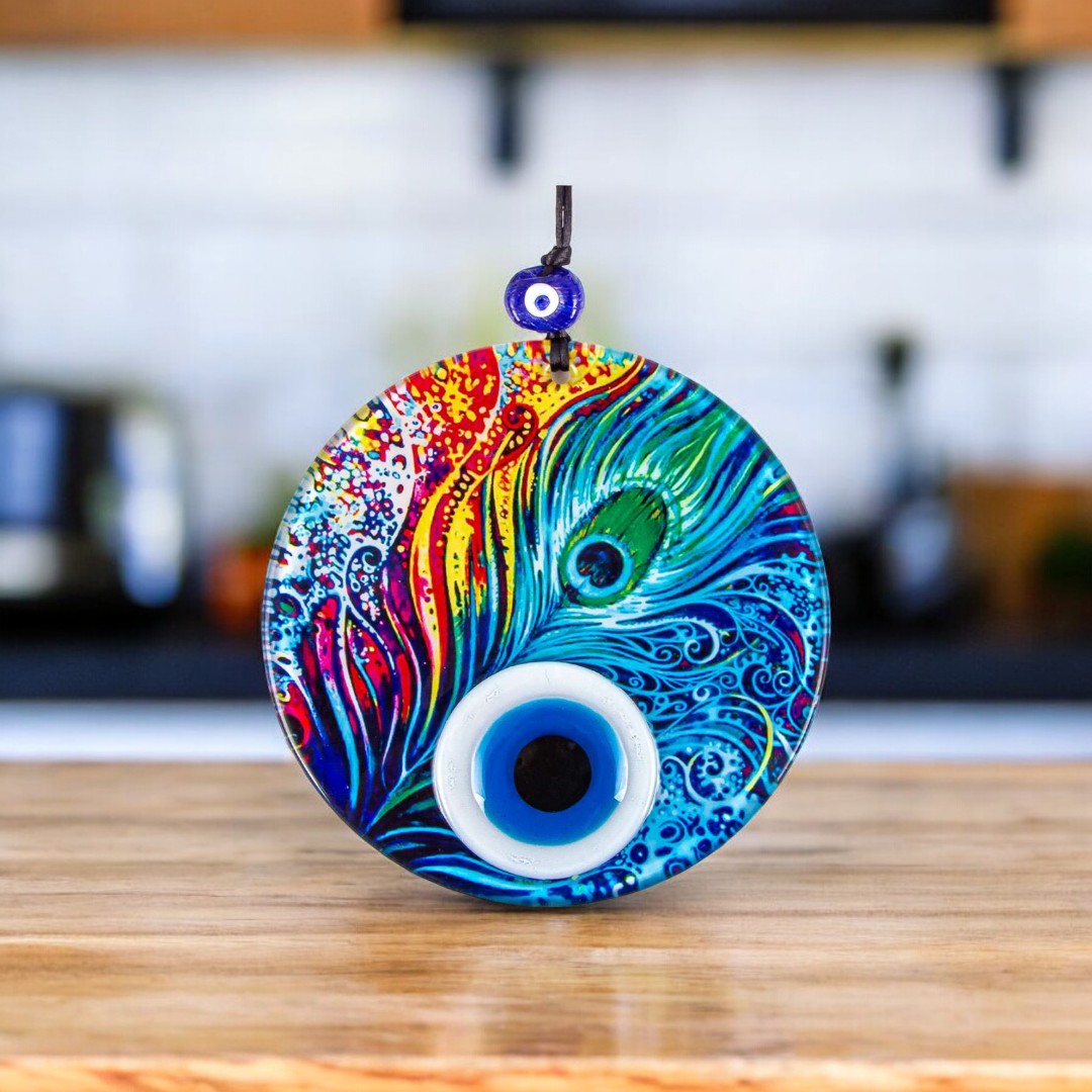 Multi-Colored Glass Wall Hanging with Eye Design on Round Glass with Feather Pattern - Protection Symbol, Cultural Decor, Unique Gift