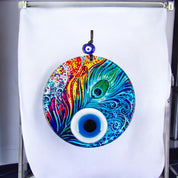 Multi-Colored Glass Wall Hanging with Eye Design on Round Glass with Feather Pattern - Protection Symbol, Cultural Decor, Unique Gift