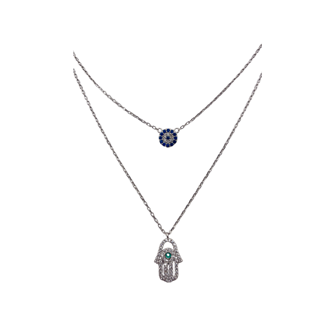 Sterling Silver, Necklace, Zircon, Hamsa, Evil Eye, Double Layer, Lobster Clasp