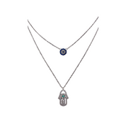 Sterling Silver, Necklace, Zircon, Hamsa, Evil Eye, Double Layer, Lobster Clasp