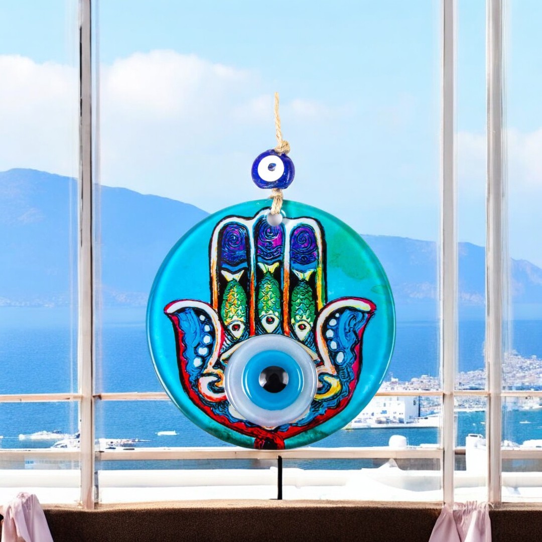 Glass Hamsa Wall Hanging with Center Eye Design in Vibrant Blues and Multicolors, Housewarming Gift