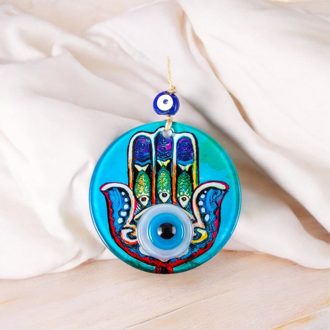 Glass Hamsa Wall Hanging with Center Eye Design in Vibrant Blues and Multicolors, Housewarming Gift