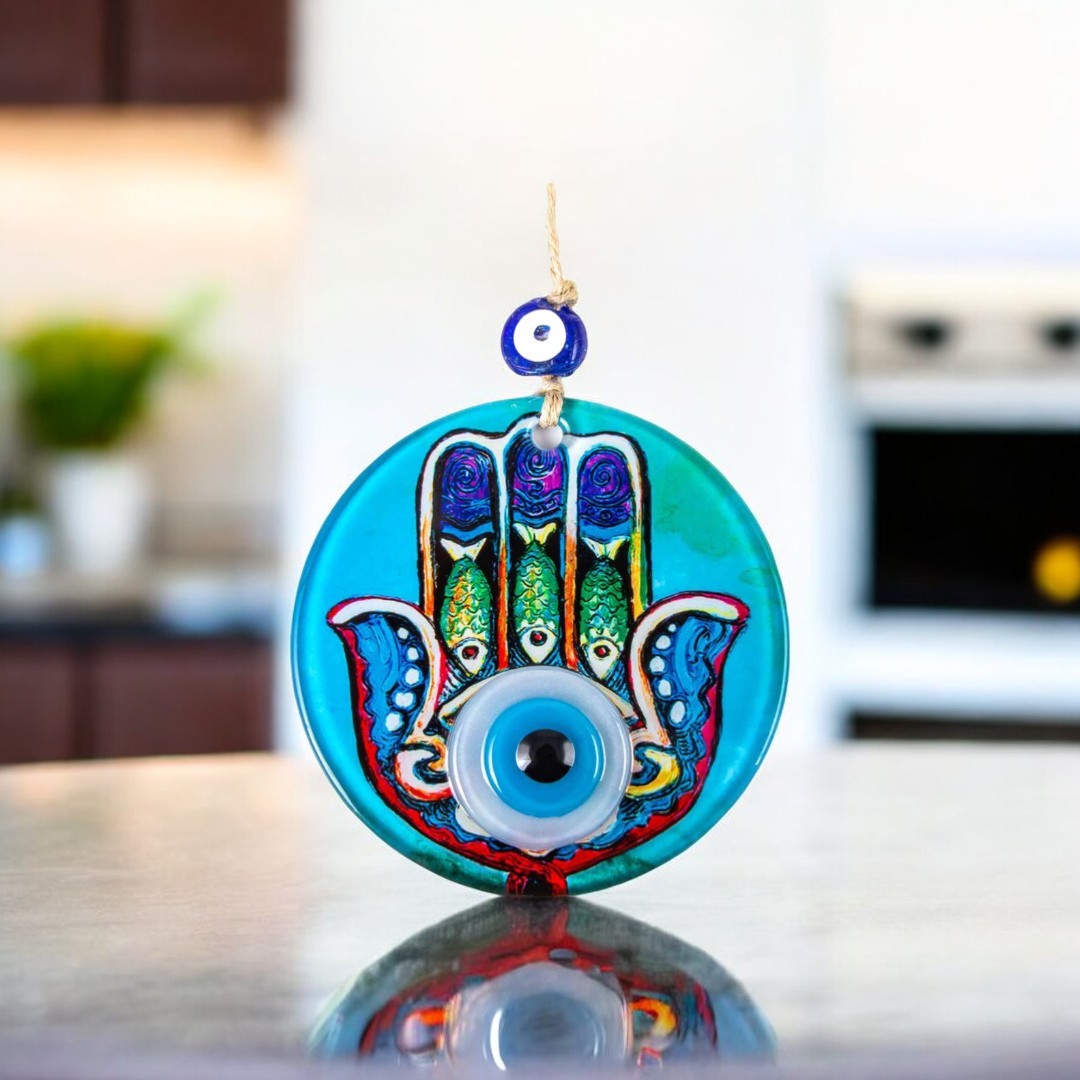 Glass Hamsa Wall Hanging with Center Eye Design in Vibrant Blues and Multicolors, Housewarming Gift