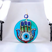 Glass Hamsa Wall Hanging with Center Eye Design in Vibrant Blues and Multicolors, Housewarming Gift