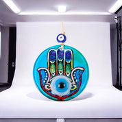 Glass Hamsa Wall Hanging with Center Eye Design in Vibrant Blues and Multicolors, Housewarming Gift