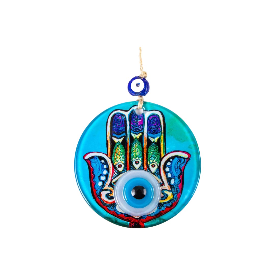 Glass Hamsa Wall Hanging with Center Eye Design in Vibrant Blues and Multicolors, Housewarming Gift