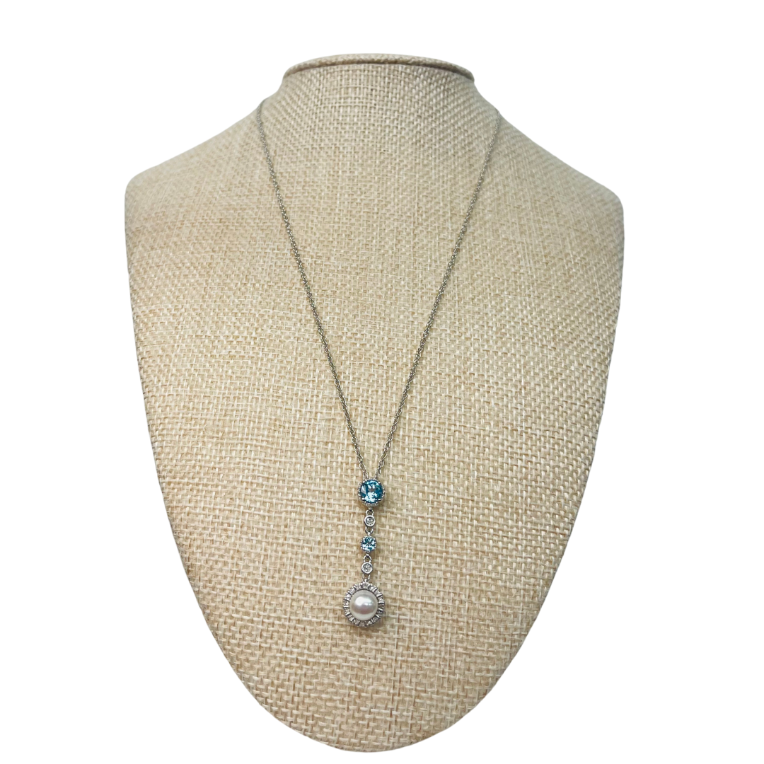 Soft Blue and Crystal Zircon Sterling Silver Pendant Necklace with Dangling Freshwater Pearl.