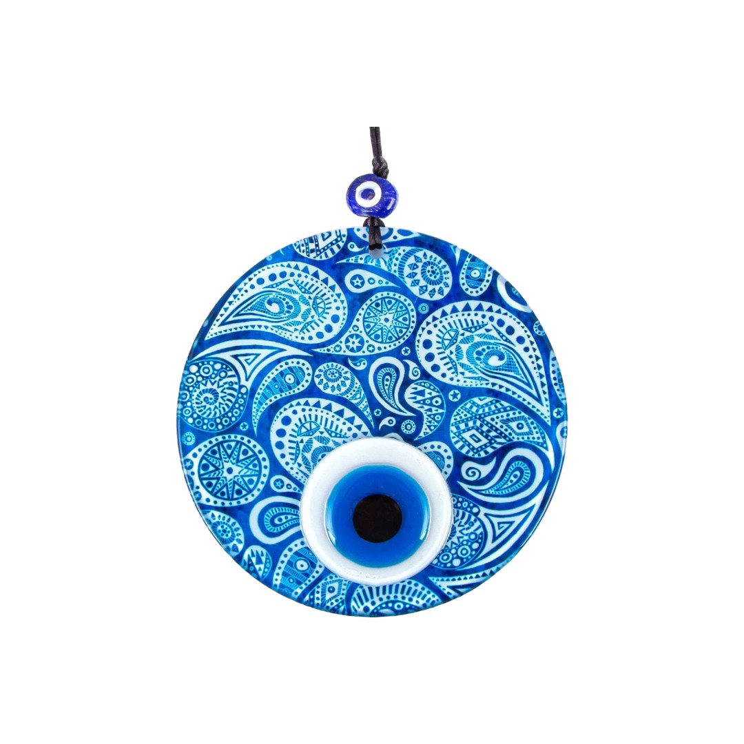 Glass Wall Hanging Eye Design, Blue Round Glass with White Accents - Protection Symbol, Cultural Decor, Unique Gift