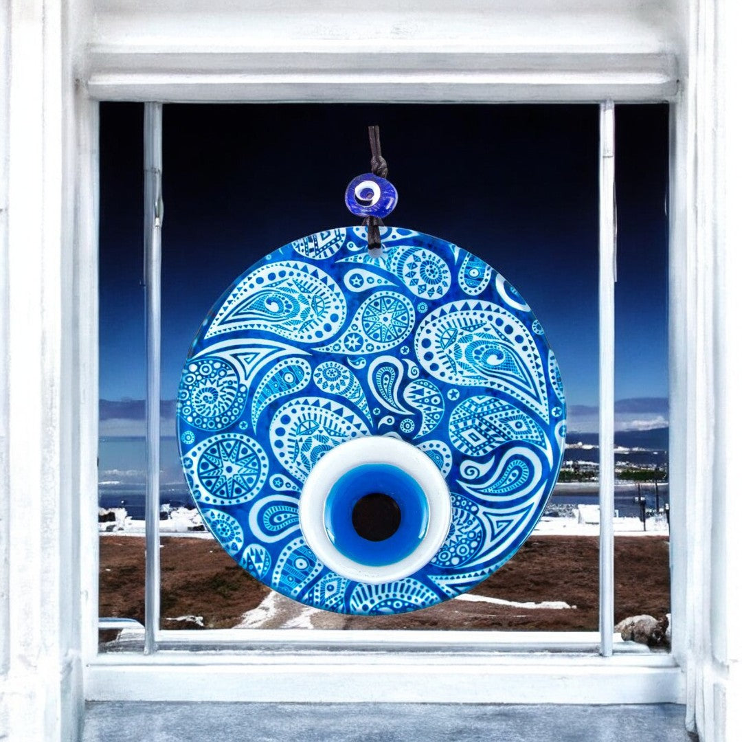 Glass Wall Hanging Eye Design, Blue Round Glass with White Accents - Protection Symbol, Cultural Decor, Unique Gift