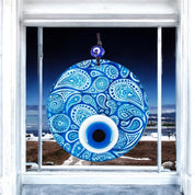 Glass Wall Hanging Eye Design, Blue Round Glass with White Accents - Protection Symbol, Cultural Decor, Unique Gift