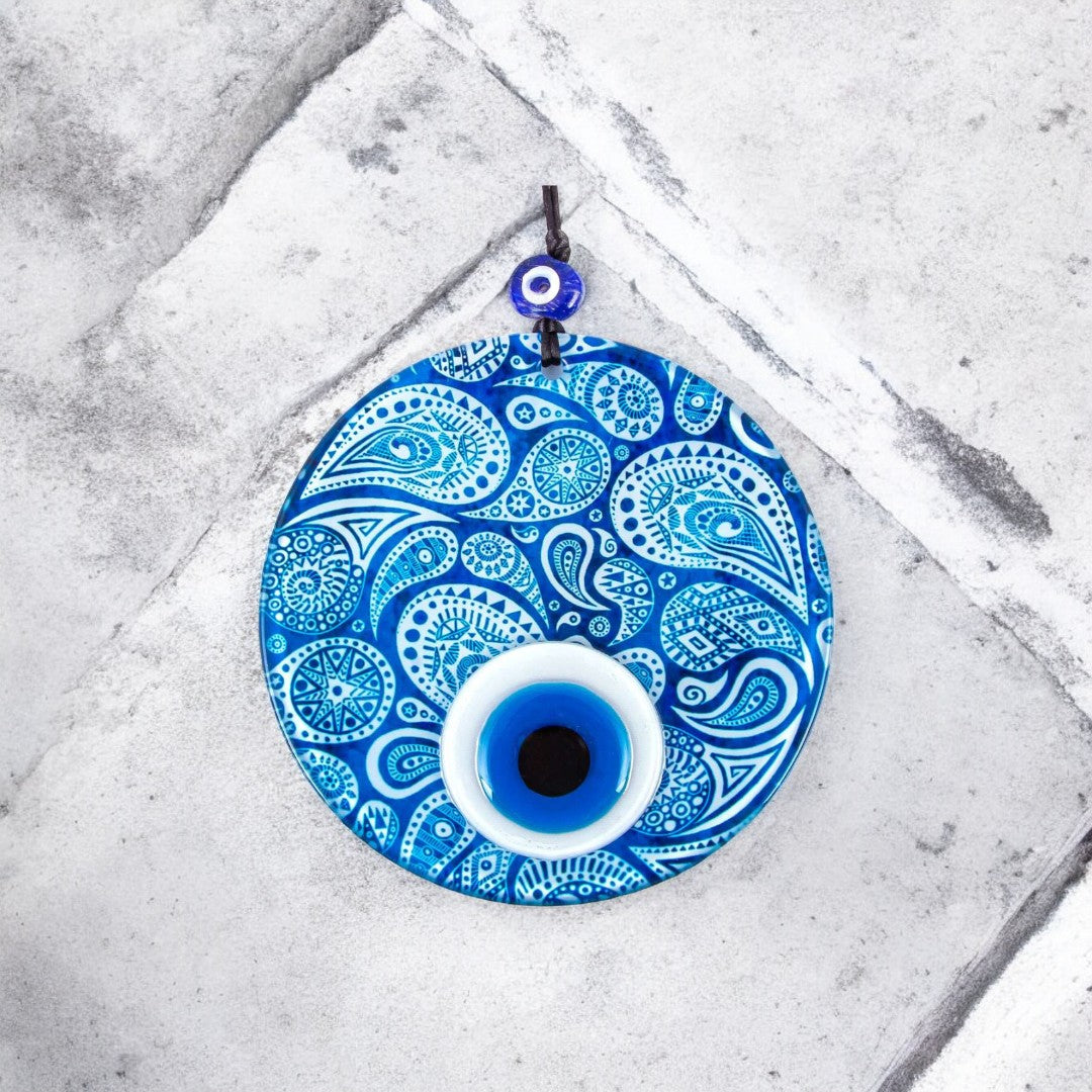 Glass Wall Hanging Eye Design, Blue Round Glass with White Accents - Protection Symbol, Cultural Decor, Unique Gift