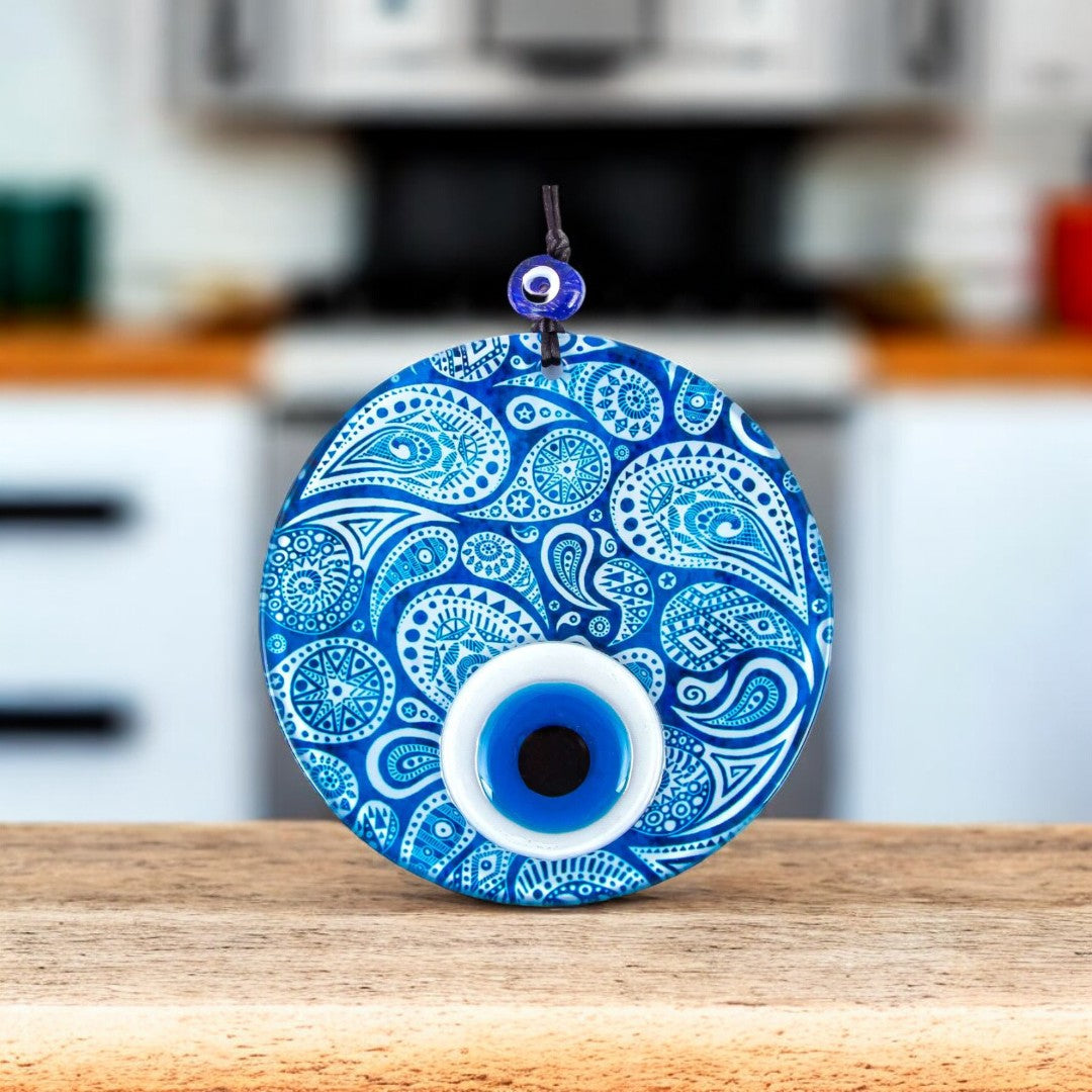 Glass Wall Hanging Eye Design, Blue Round Glass with White Accents - Protection Symbol, Cultural Decor, Unique Gift