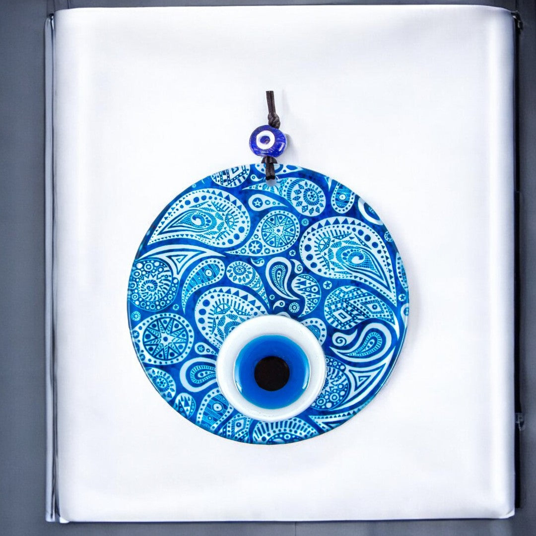 Glass Wall Hanging Eye Design, Blue Round Glass with White Accents - Protection Symbol, Cultural Decor, Unique Gift