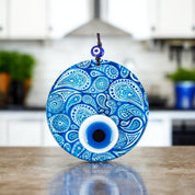 Glass Wall Hanging Eye Design, Blue Round Glass with White Accents - Protection Symbol, Cultural Decor, Unique Gift