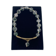 Elegant Green Glass Beaded Elastic Bracelet with Gold Chain Finish - Geometric Crystal Bead Design for Daily Wear and Special Occasions