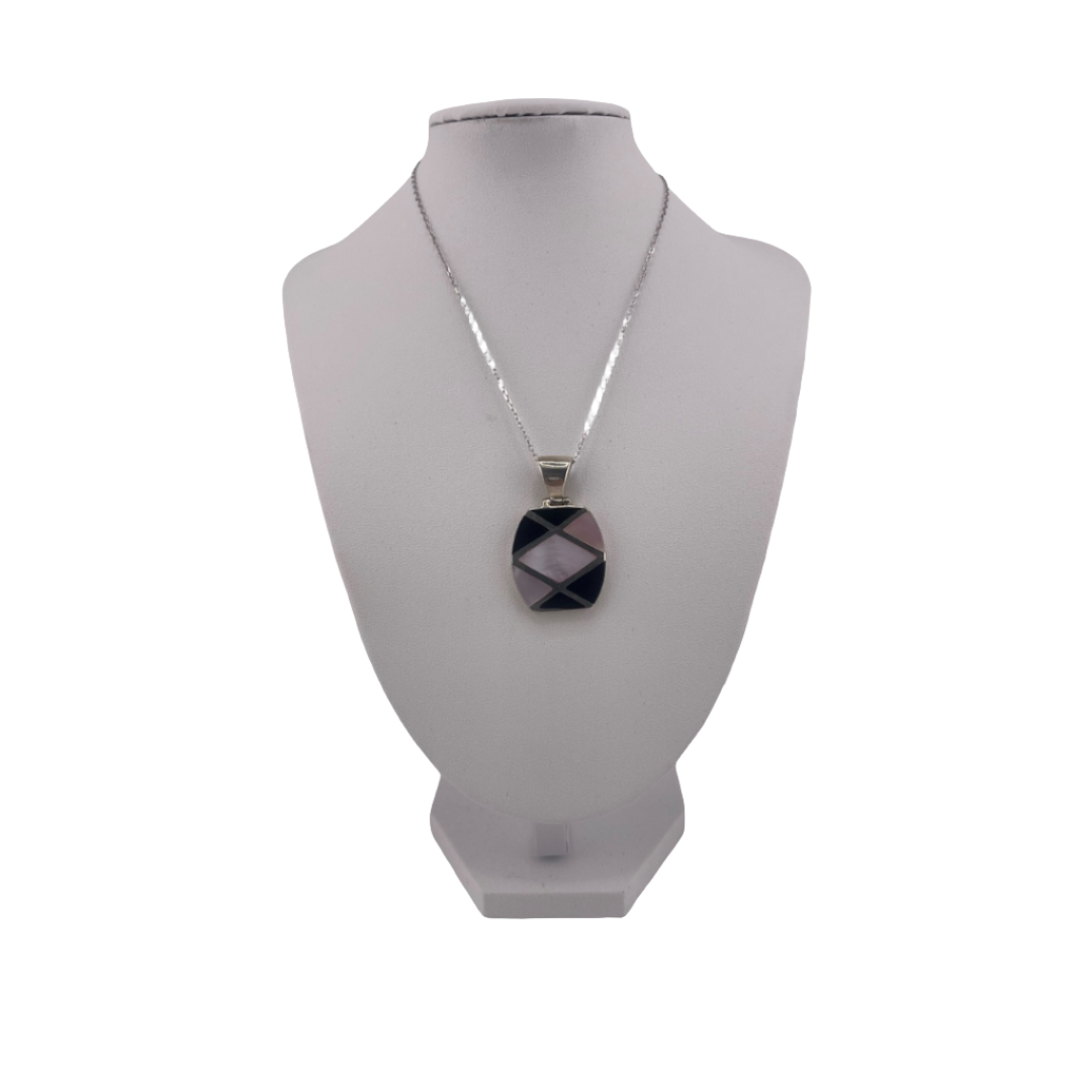 Sterling Silver, Pendant, Necklace, Onyx, Mother of Pearl, Lobster Clasp, Statement Jewelry