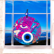 Wall Hanging Round Glass, Evil Eye Design,Vibrant Pink Glass, Protection Symbol, Cultural Decor Gift