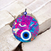 Wall Hanging Round Glass, Evil Eye Design,Vibrant Pink Glass, Protection Symbol, Cultural Decor Gift