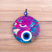 Wall Hanging Round Glass, Evil Eye Design,Vibrant Pink Glass, Protection Symbol, Cultural Decor Gift