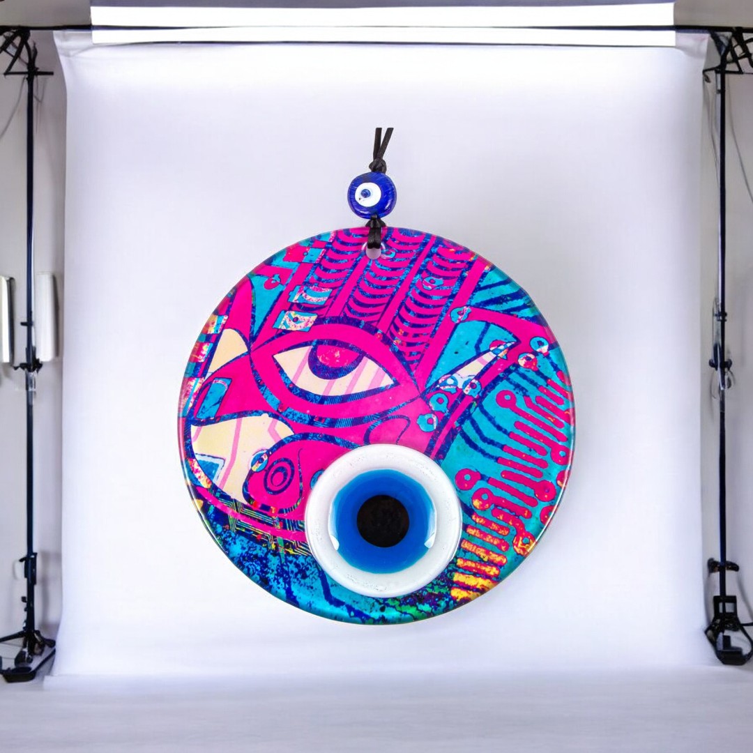 Wall Hanging Round Glass, Evil Eye Design,Vibrant Pink Glass, Protection Symbol, Cultural Decor Gift