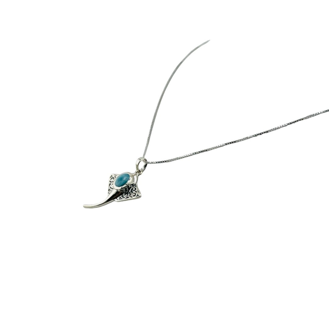 Stingray Pendant, Larimar Gemstone, Sterling Silver Necklace, Unique Ocean-Inspired Jewelry