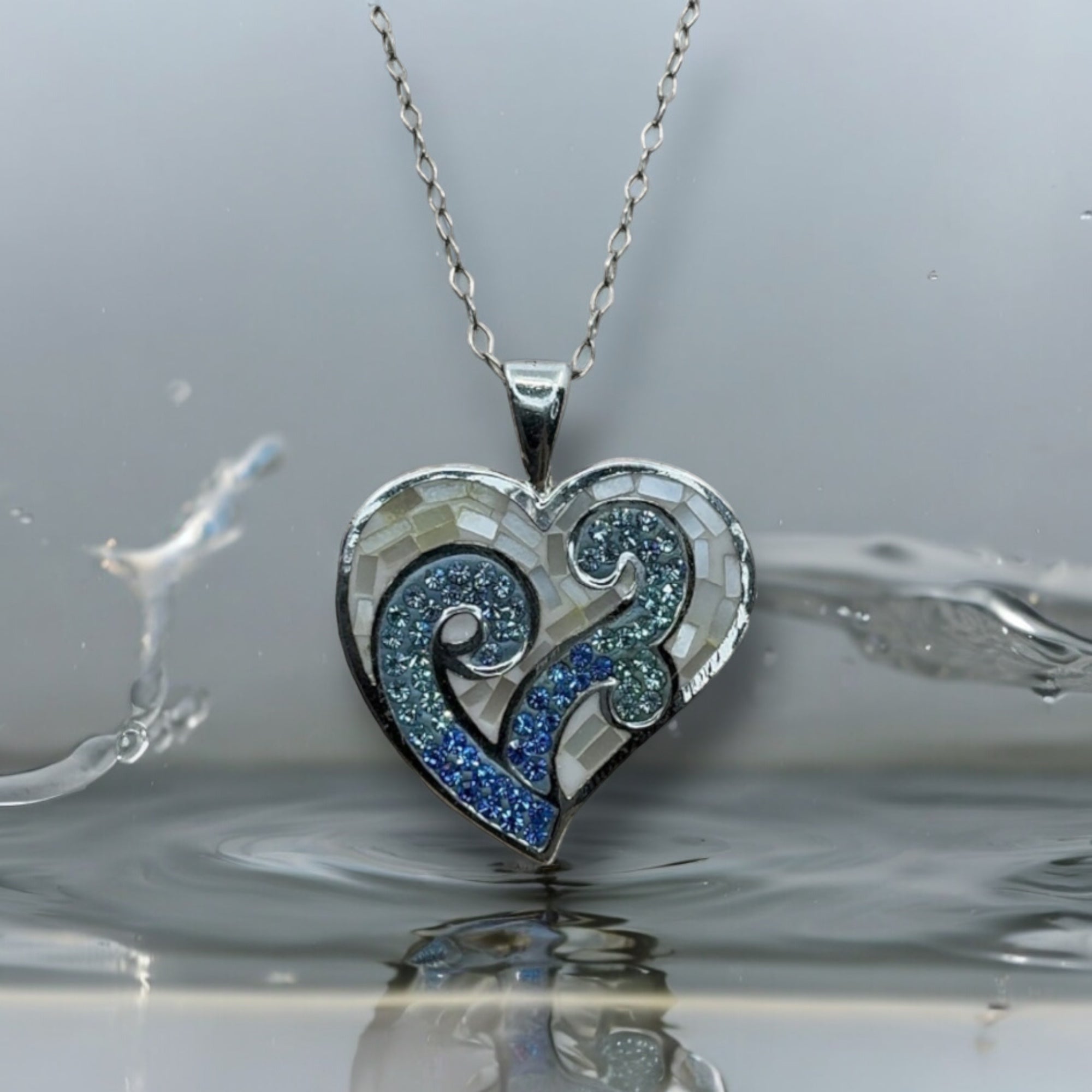 Sterling Silver, Mother of Pearl, Pendant Necklace, Ivory, Blue, Zircon, Heart Pendant, Gift for Her