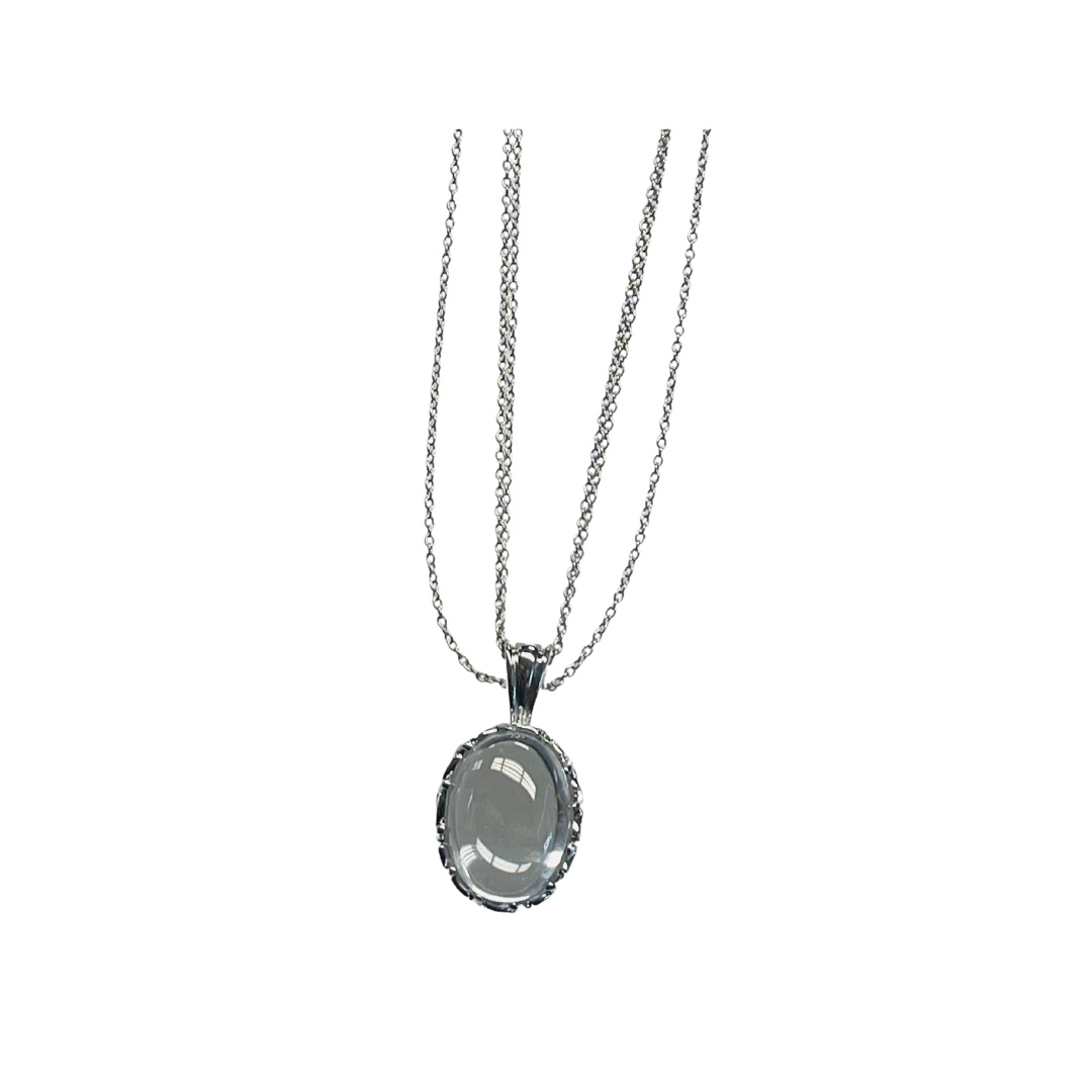 Exquisite Sterling Silver Oval Pendant Necklace with Crystal Embellishments, Featuring Three Chains for Enhanced Elegance and Versatility.