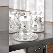 Silver Heartfelt Turkish Tea Set – Elegant Glass and Metal Design with Heart Patterns